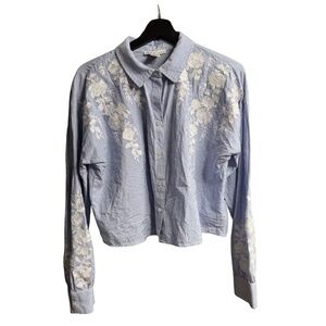 Christian Lacroix Blue& White Striped  Croppe Shirt Embroidered Flowers - Size M